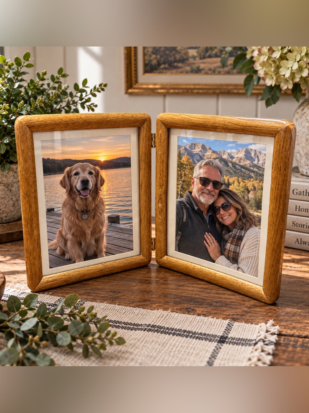 Vintage Oak Wood Double Hinged Picture Frame 9.5x11.5 Folding Table Top Display